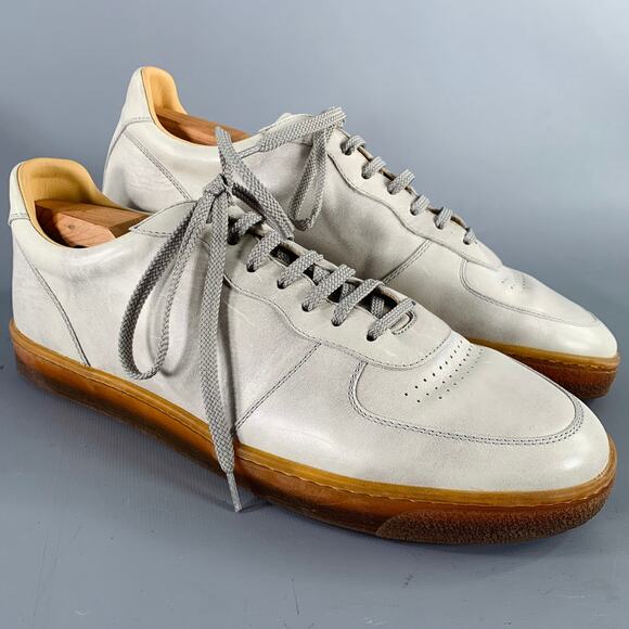 BRUNELLO CUCINELLI Size 10 Grey Tan Leather Lace-Up Sneakers - Picture 1 of 8
